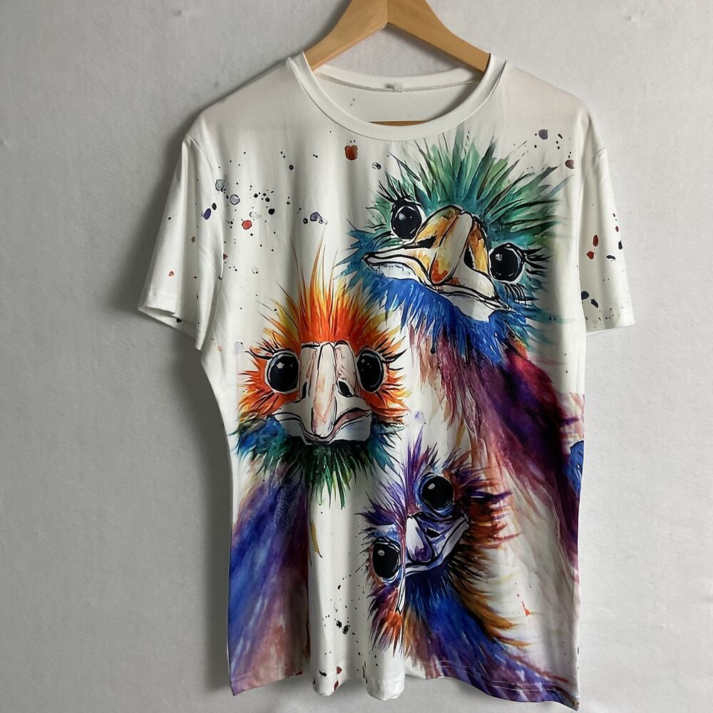 Whimsical Watercolor Emus Womens 2XL Casual Tee